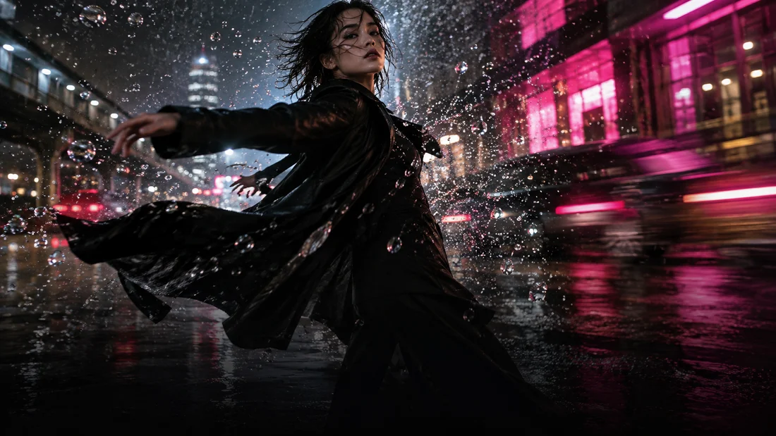 Cinematic dancer surrounded by suspended rain